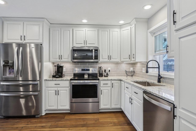 kitchen featuring a sink, decorative backsplash, white cabinetry, and stainless steel appliances