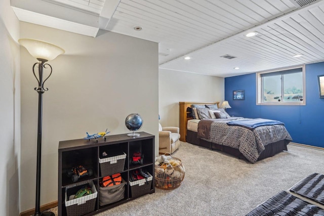 carpeted bedroom featuring visible vents, recessed lighting, and wooden ceiling