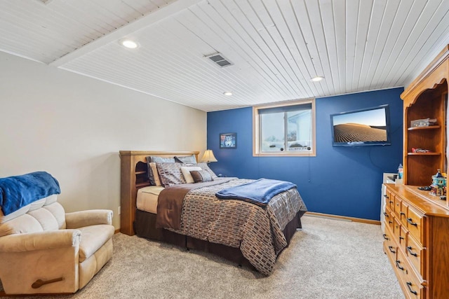 carpeted bedroom featuring visible vents, recessed lighting, wooden ceiling, and baseboards