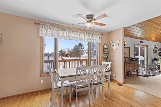 dining area featuring light wood-type flooring, ceiling fan, and baseboards