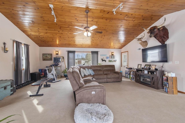 living area with ceiling fan, high vaulted ceiling, wooden ceiling, light carpet, and rail lighting