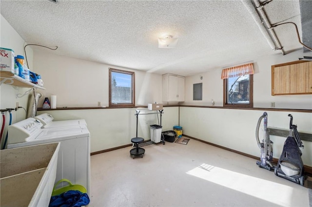 clothes washing area with a textured ceiling, a healthy amount of sunlight, electric panel, and washer and dryer