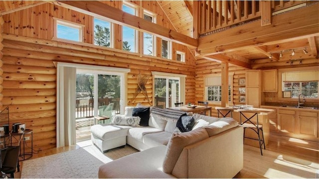 living area with light wood-type flooring, high vaulted ceiling, and wood ceiling