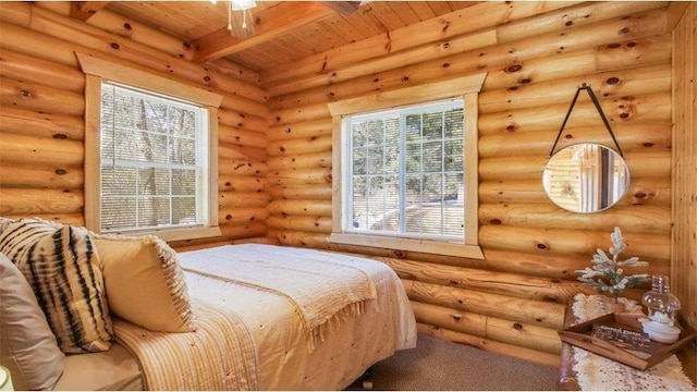 bedroom featuring beam ceiling, wooden ceiling, and log walls