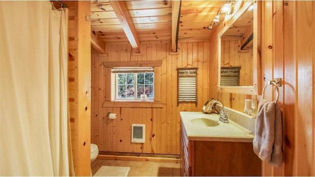 full bathroom with wooden ceiling, beamed ceiling, and wooden walls