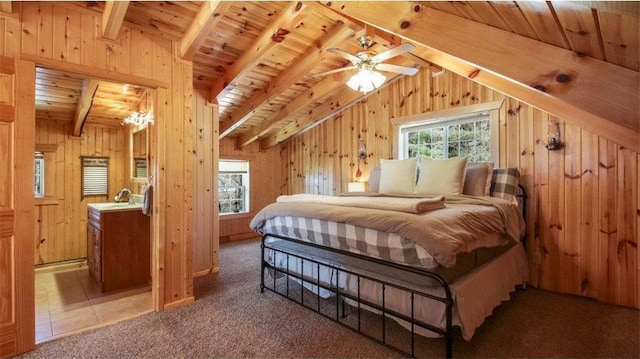 bedroom featuring wooden walls, wooden ceiling, and vaulted ceiling with beams