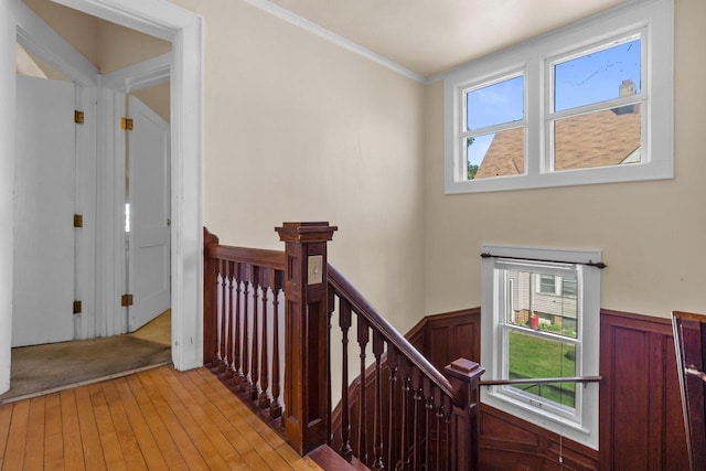 stairway with crown molding, wood finished floors, and wainscoting