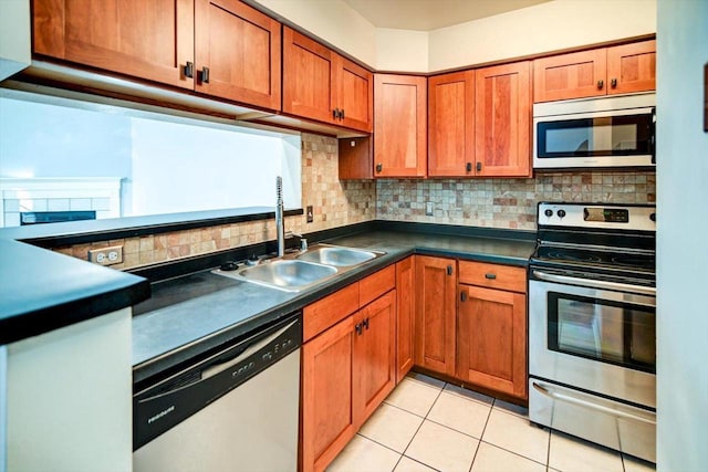 kitchen featuring dark countertops, appliances with stainless steel finishes, decorative backsplash, and a sink