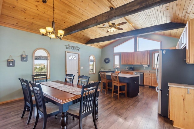 dining room with vaulted ceiling with beams, ceiling fan with notable chandelier, wooden ceiling, and dark wood finished floors