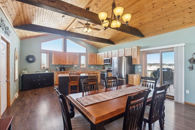 dining space featuring vaulted ceiling with beams, dark wood-style flooring, ceiling fan with notable chandelier, and wood ceiling