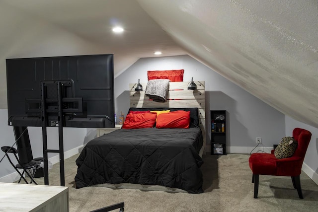 bedroom with baseboards, lofted ceiling, a textured ceiling, carpet flooring, and recessed lighting