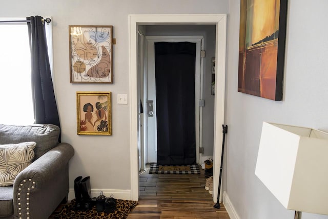 hall featuring baseboards and dark wood finished floors