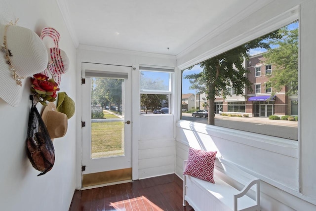 entryway with ornamental molding and dark wood-style flooring