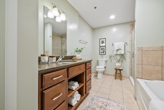 full bath with a garden tub, tile patterned flooring, vanity, and a shower stall