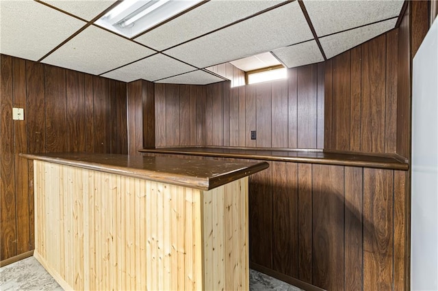 bar with light carpet, a bar, a drop ceiling, and wooden walls