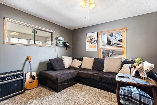 carpeted living room with a textured ceiling