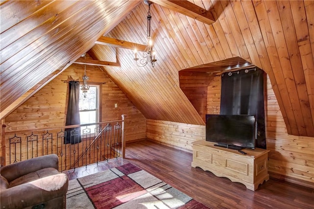 additional living space featuring dark wood finished floors, wood ceiling, wood walls, and lofted ceiling with beams