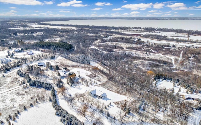 snowy aerial view featuring a water view