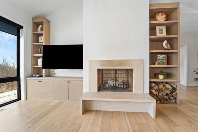 W4038 Maplewood Ln, Fond Du Lac, WI 54937 - unfurnished living room featuring built in shelves, wood-type flooring, and a fireplace with raised hearth