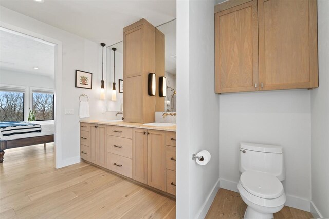 W4038 Maplewood Ln, Fond Du Lac, WI 54937 - ensuite bathroom featuring baseboards, toilet, double vanity, wood finished floors, and a sink