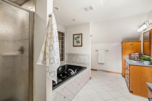 full bath with lofted ceiling, visible vents, vanity, a shower stall, and a bath