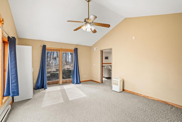 spare room featuring ceiling fan, high vaulted ceiling, a baseboard radiator, baseboards, and carpet