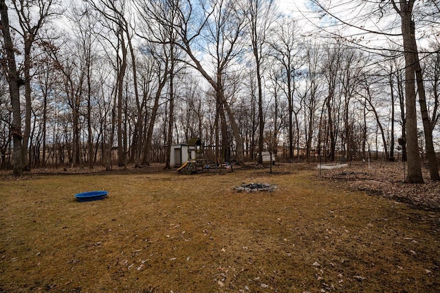 view of yard featuring an outdoor fire pit, a storage unit, and an outbuilding