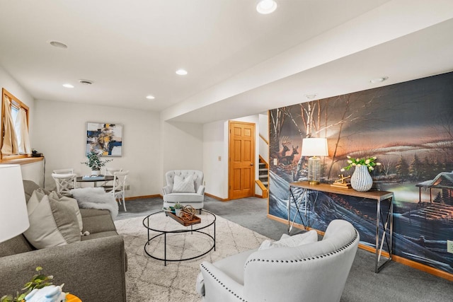 living area featuring baseboards, stairway, carpet, and recessed lighting