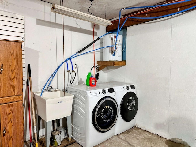 laundry room featuring laundry area, water heater, and washing machine and clothes dryer