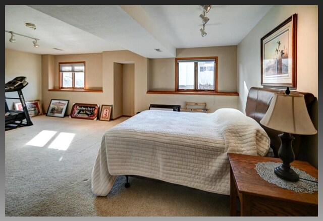 carpeted bedroom featuring rail lighting and multiple windows