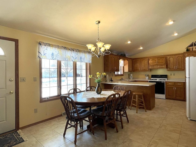 dining room featuring light tile patterned floors, baseboards, vaulted ceiling, a chandelier, and recessed lighting