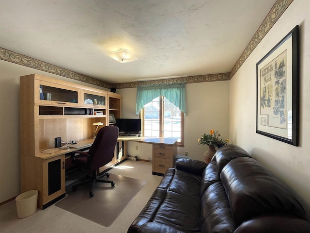 home office featuring light colored carpet