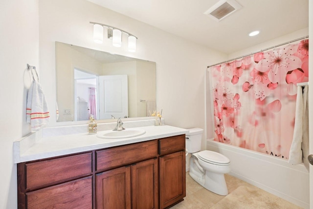 2418 Leopold Way, Sun Prairie, WI 53590 - full bathroom with visible vents, shower / bathtub combination with curtain, toilet, vanity, and tile patterned flooring