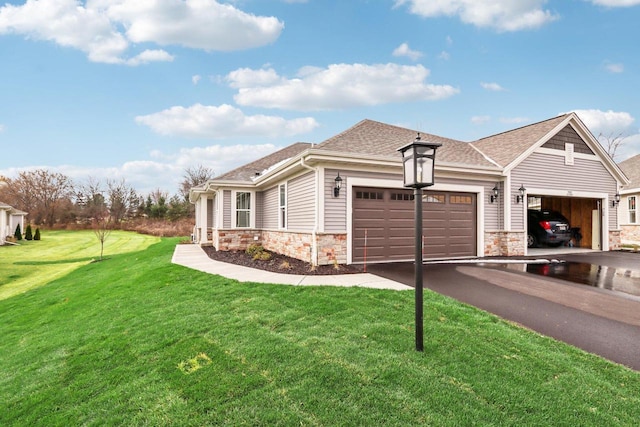 view of front facade with a garage, stone siding, aphalt driveway, roof with shingles, and a front lawn