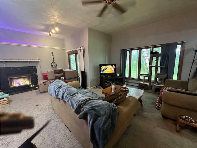 living room with carpet floors, ceiling fan, and a fireplace with flush hearth