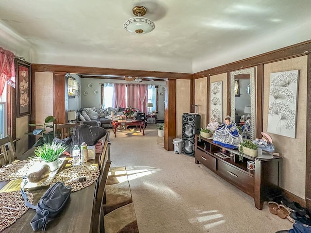 interior space featuring light colored carpet