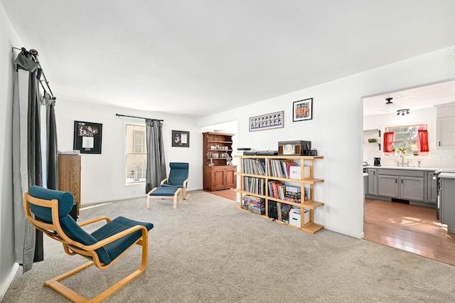 sitting room featuring baseboards and light colored carpet