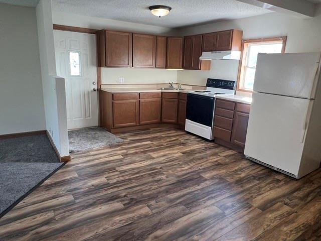 kitchen featuring under cabinet range hood, a sink, light countertops, freestanding refrigerator, and electric range oven