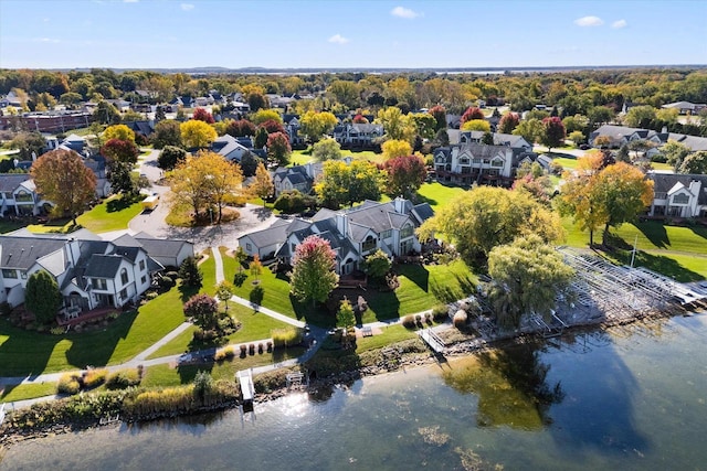 aerial view featuring a water view and a residential view