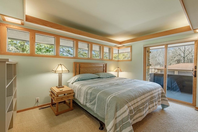 bedroom with carpet floors, access to outside, a raised ceiling, and baseboards