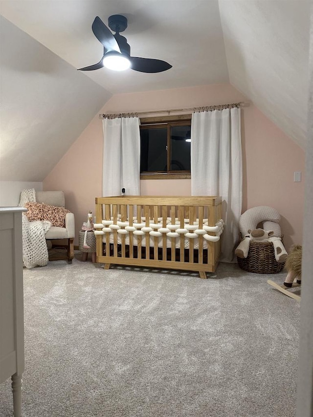 additional living space featuring lofted ceiling, ceiling fan, and carpet flooring