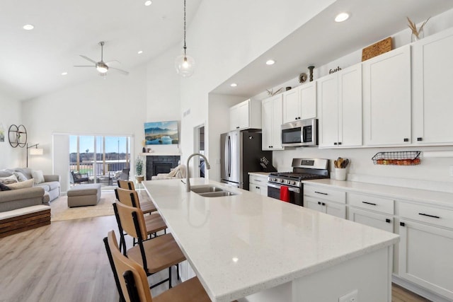 kitchen with a center island with sink, appliances with stainless steel finishes, and open floor plan