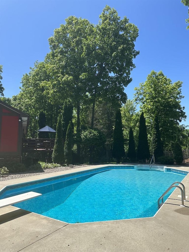 pool featuring a patio area and a diving board