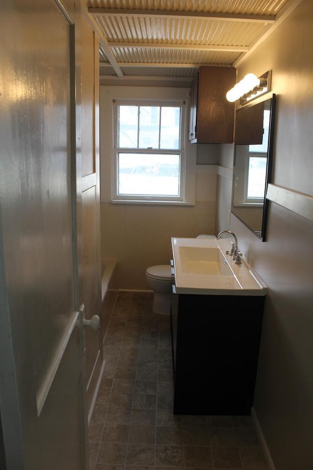 bathroom featuring toilet, a tub to relax in, plenty of natural light, and vanity