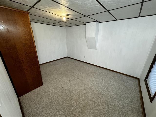 interior space featuring carpet, a paneled ceiling, and baseboards