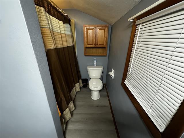 full bathroom with lofted ceiling, baseboards, toilet, and wood finished floors