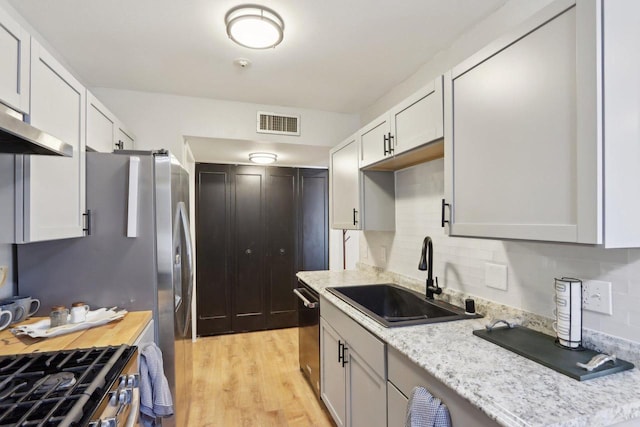 kitchen featuring a sink, visible vents, light wood-type flooring, decorative backsplash, and dishwasher