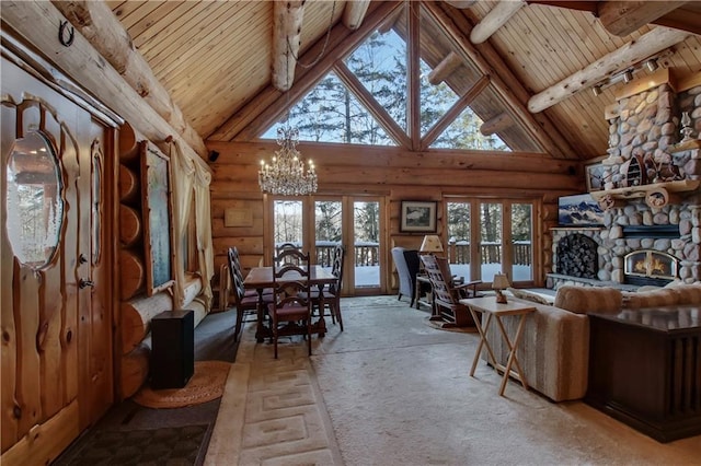 6306W Hunter Lake Rd, Winter, WI 54896 - interior space with french doors, wooden ceiling, an inviting chandelier, a stone fireplace, and beam ceiling