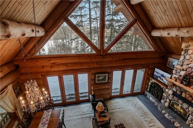 6306W Hunter Lake Rd, Winter, WI 54896 - living area with high vaulted ceiling, wooden ceiling, beamed ceiling, and a stone fireplace