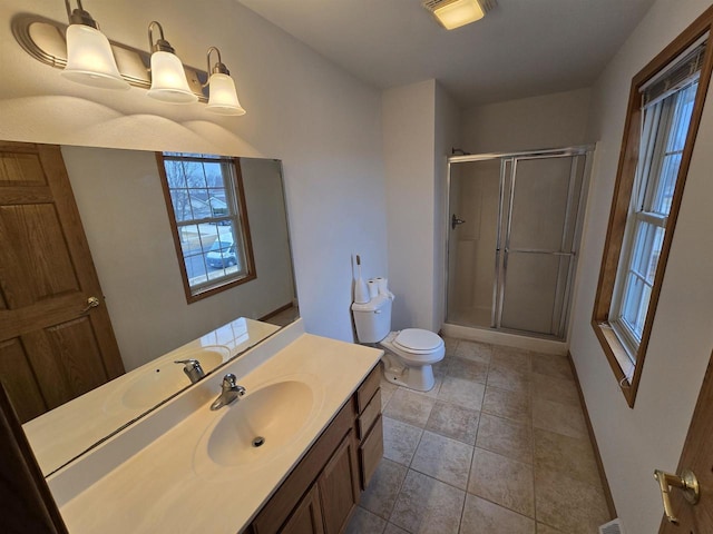 bathroom with toilet, a stall shower, vanity, and visible vents